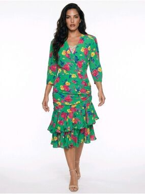 Vintage Frank Usher  Floral Wrap Ruffle Dress